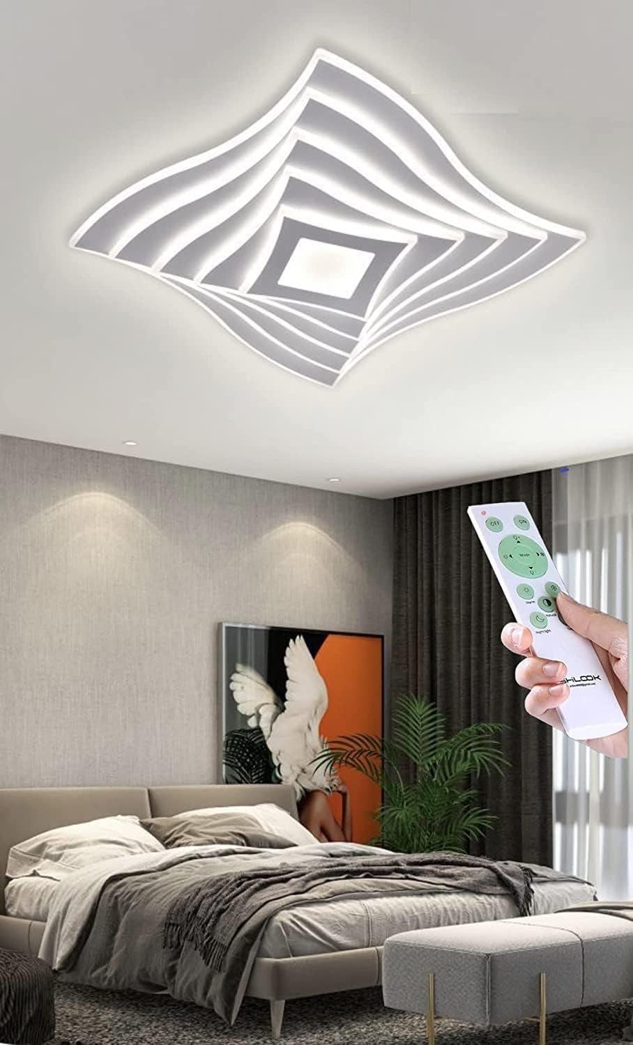 Plafoniera LED Moderna 75W con Telecomando, Dimmerabile CCT 3000K-6500K, 6000 Lumen, Design Geometrico Bianco in Acrilico e Metallo, Lampadario da Soffitto per Soggiorno Camera Ufficio