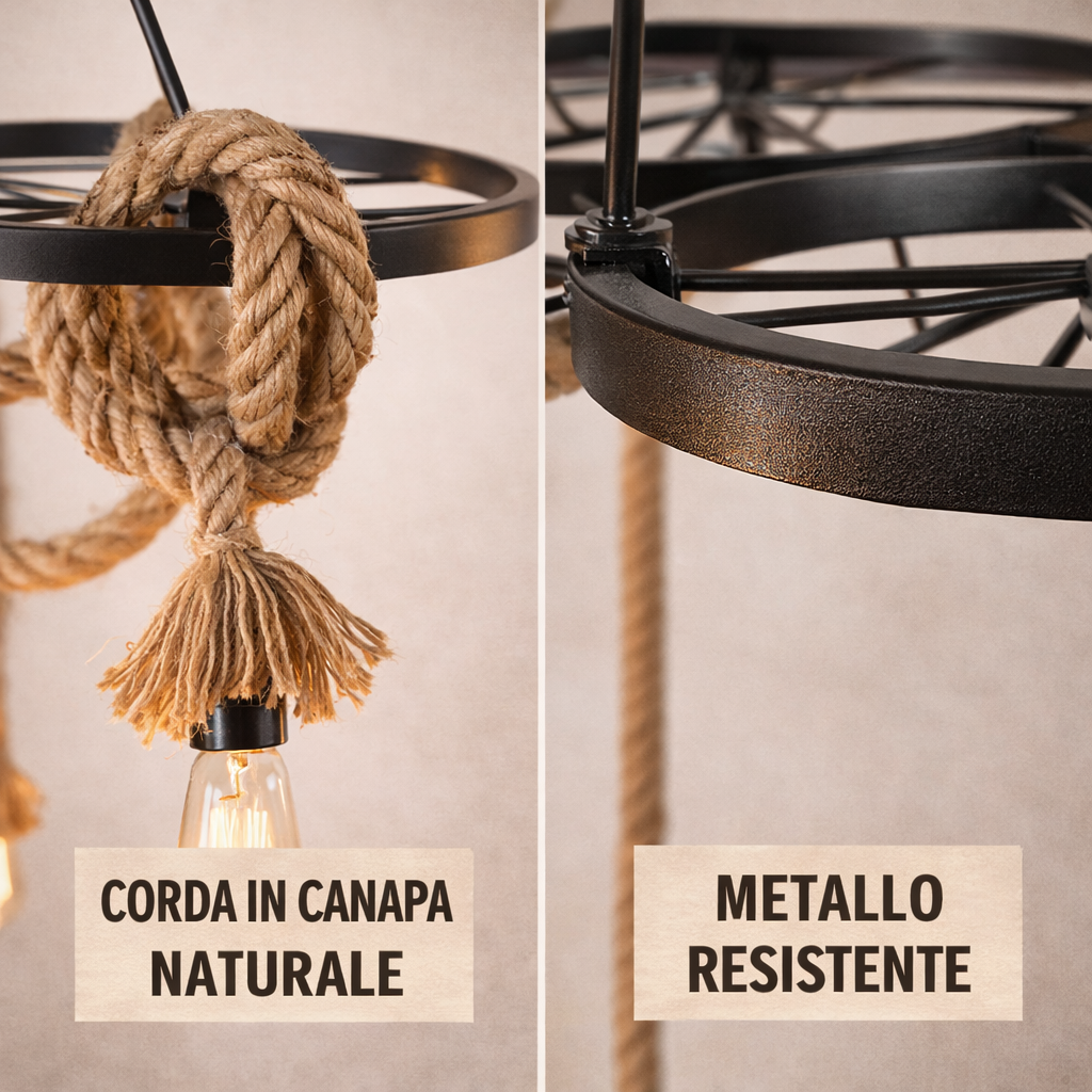 Lampadario Rustico Industriale a Sospensione 6 Luci con Corde in Canapa Attacco E27 Struttura in Metallo Nero Stile Vintage per Soggiorno Sala da Pranzo Locale
