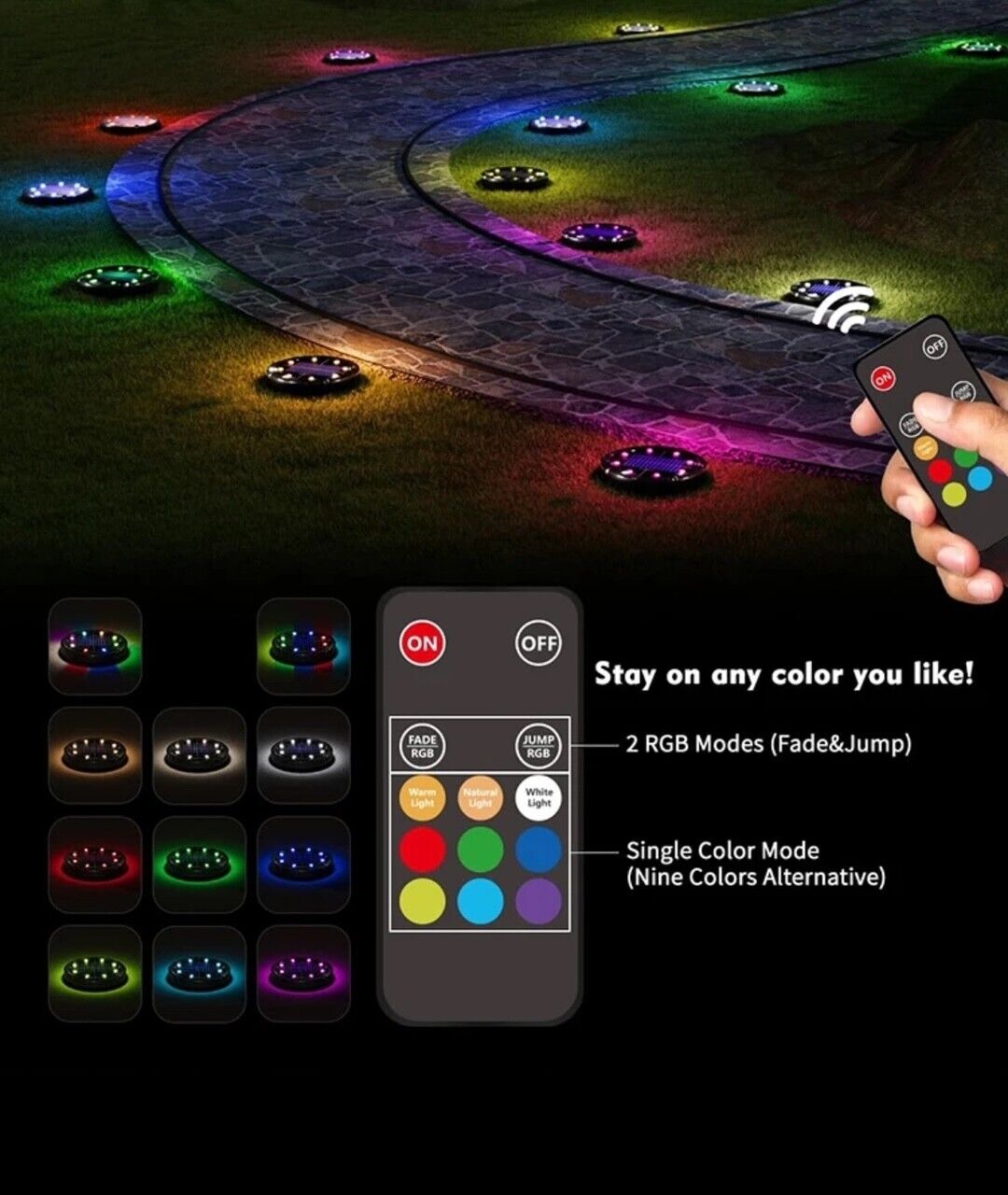 Kit 4 Faretti Solari LED RGBWW da Giardino IP65 con Telecomando – 11 Modalità, 8 LED, Ricarica Solare, Luce Calda, Naturale, Fredda e Colori RGB