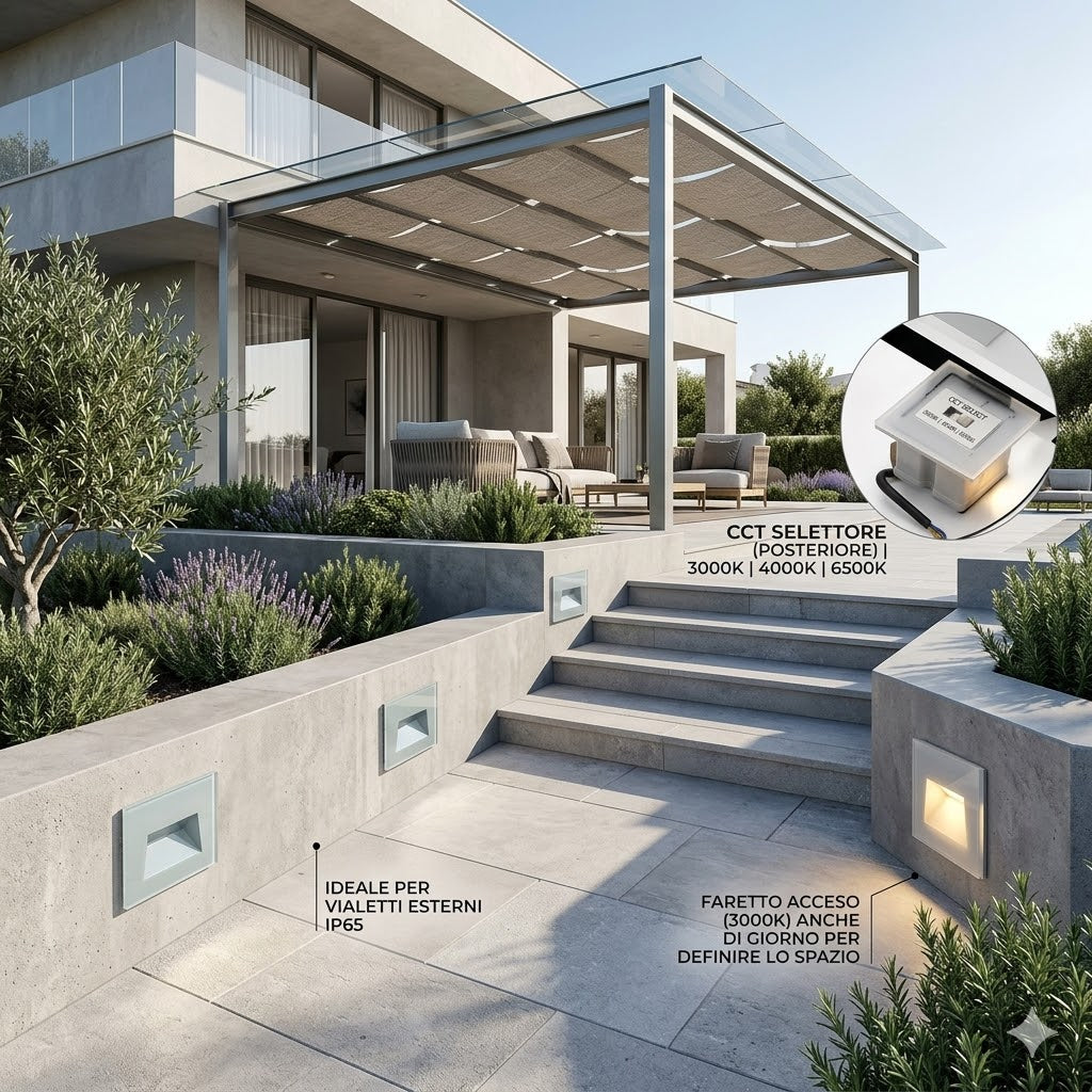 Segnapasso LED da Incasso per 503 a Parete IP65 5W 500 Lumen CCT Switch Luce Calda Fredda e Naturale Vetro Frontale per Scale Corridoi e Esterno