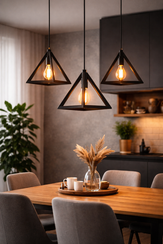 Lampadario a Sospensione E27 in Metallo Nero Design Geometrico Moderno Stile Industriale, Lampada a Soffitto per Cucina Soggiorno Camera