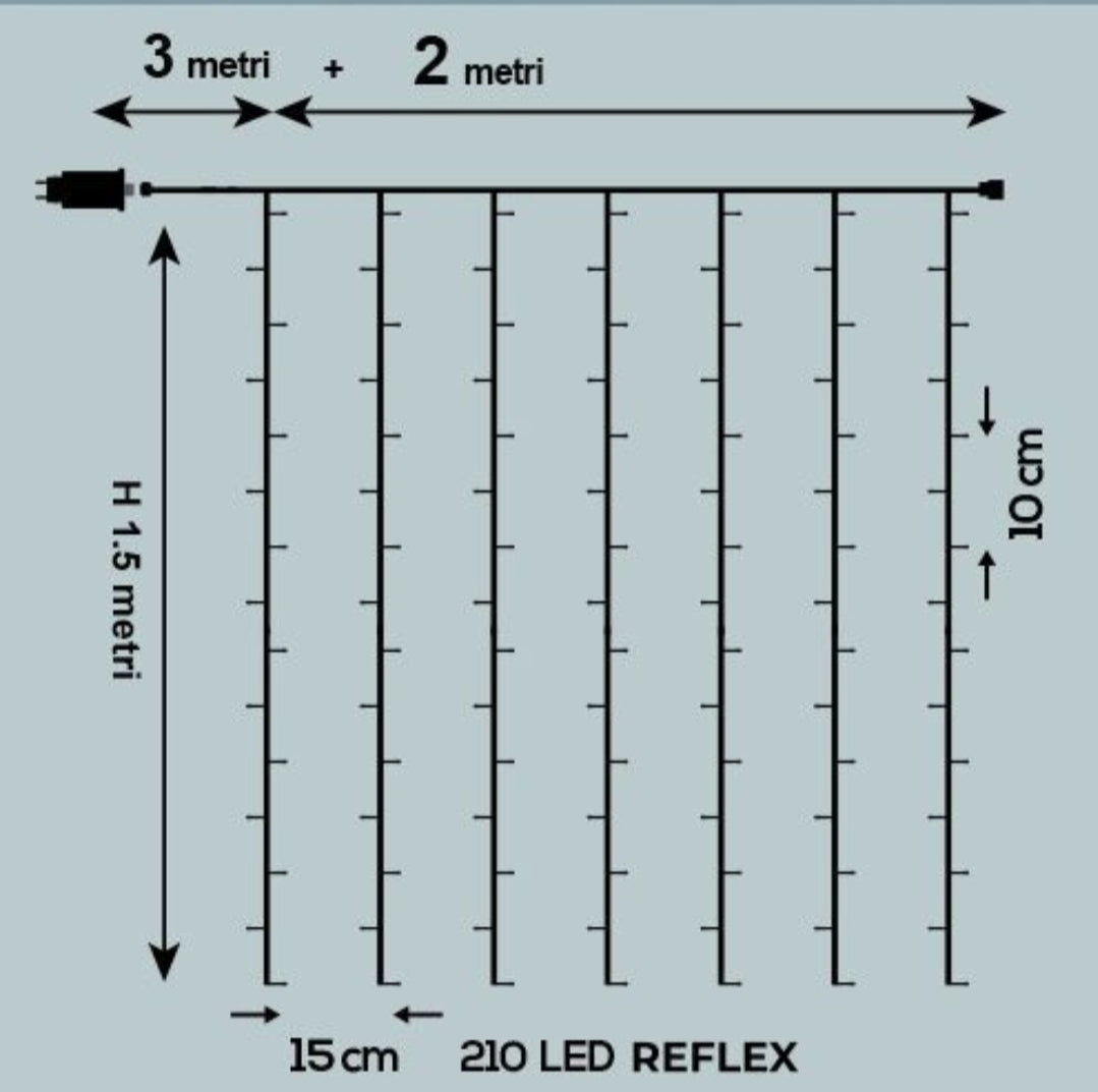 Tenda Luminosa Natalizia 2 x 1,5 metri Stalattiti a 210 LED Luci calde o Luci fredde + led intermittenti Bianco Freddo per Interno ed Esterno IP44