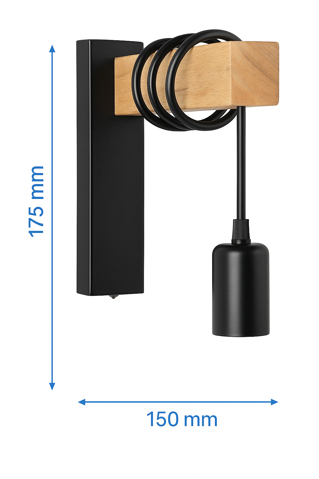 Applique Lampada da Parete Nera in Metallo, Design Industriale con Dettagli in Legno, Ideale per Interni, Attacco E27