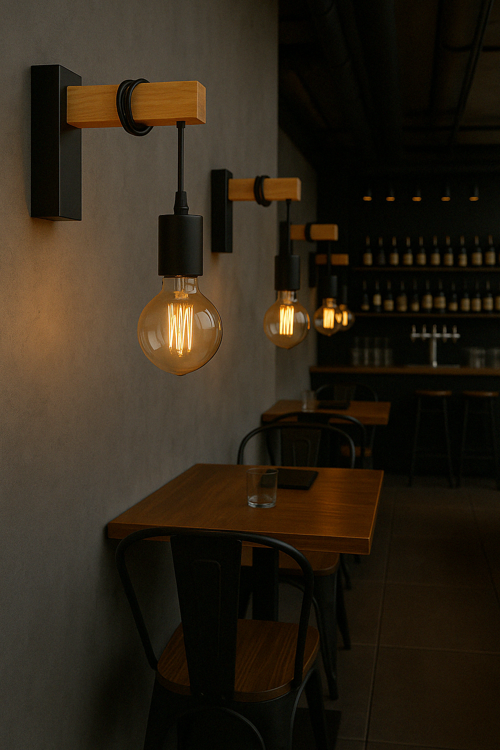 Applique Lampada da Parete Nera in Metallo, Design Industriale con Dettagli in Legno, Ideale per Interni, Attacco E27