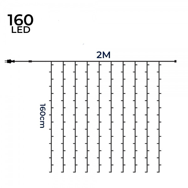 Tenda Luminosa Natalizia 2x1,6m 160 LED Maxiled – 130 Luce Calda + 30 Flash Fredda, Prolungabile, 220V IP44 con Spina Schuko per Esterno